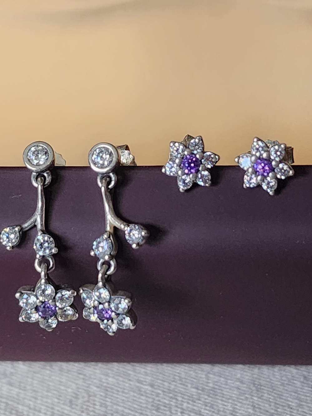 Pandora 2 Pairs Sterling Silver Floral Drop Earrings with Purple Accents